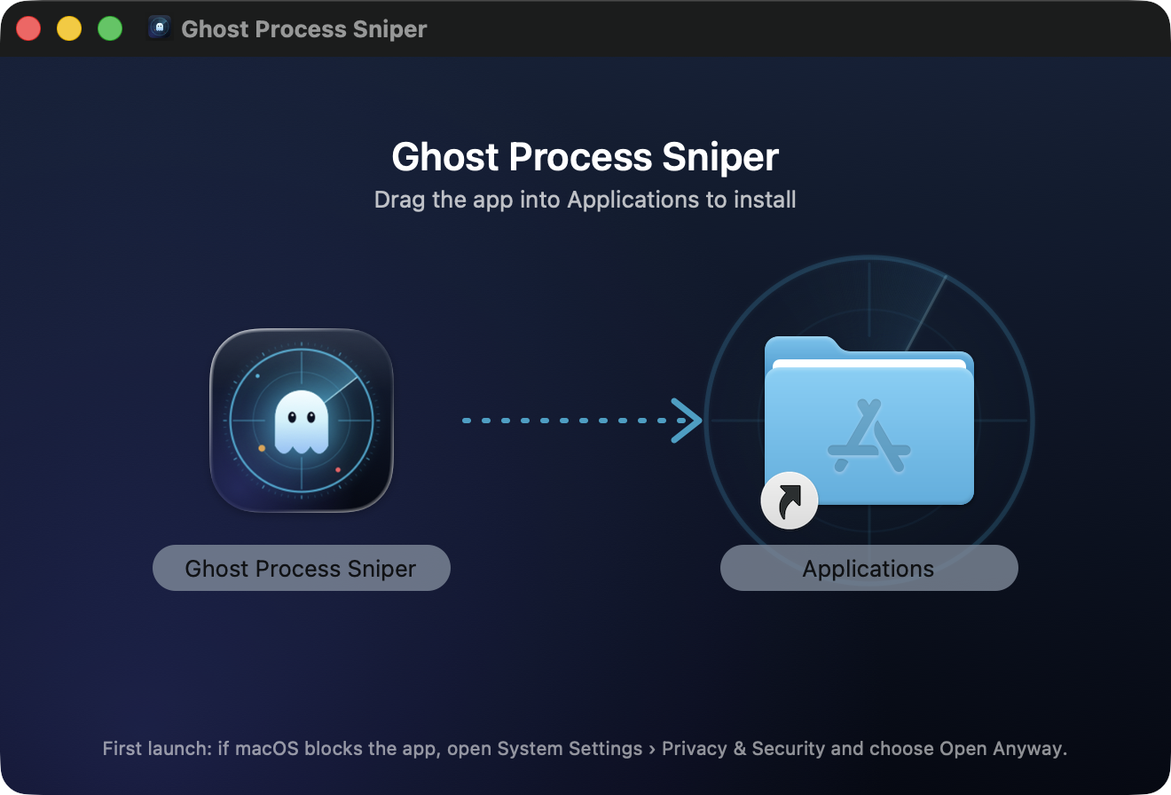 The installer window: drag Ghost Process Sniper onto the Applications folder.