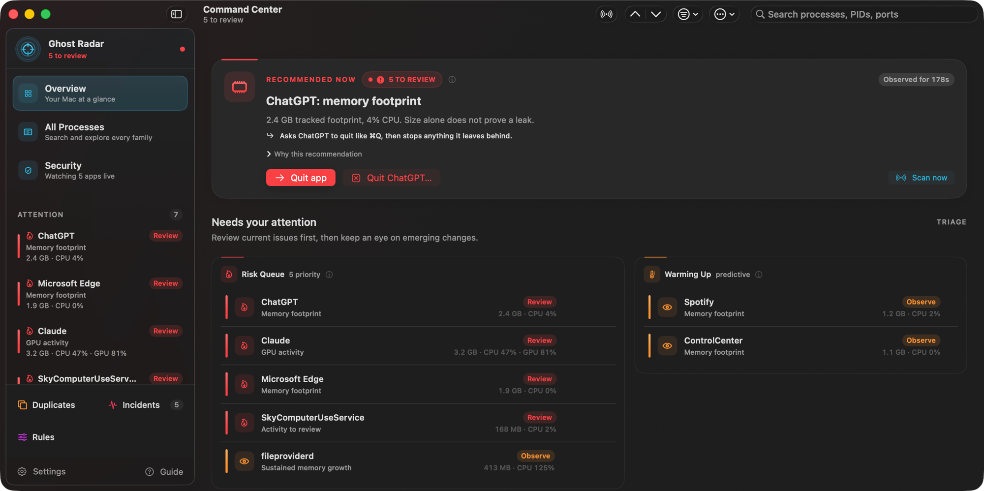 The Ghost Process Sniper console: one recommended action with a Quit button, then a risk queue and a warming-up queue of apps and processes with their memory and CPU.