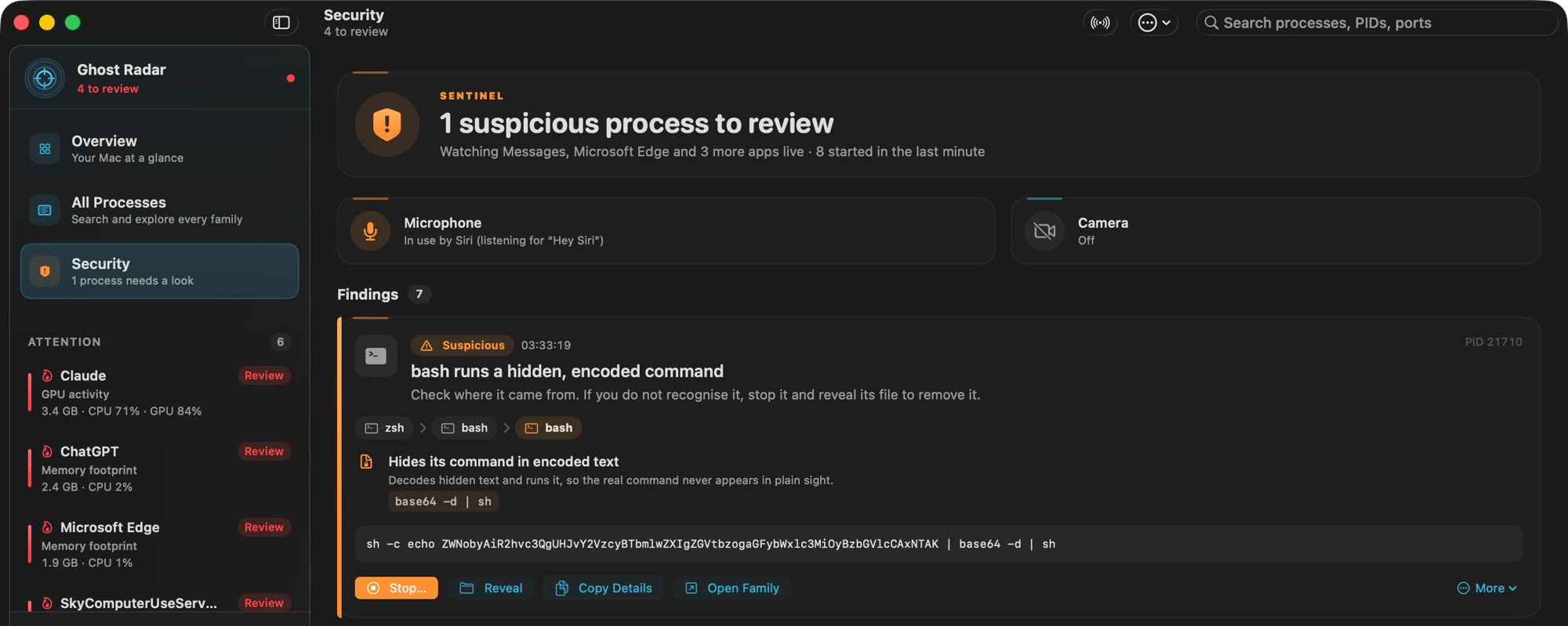 The Security page: a shield reporting one suspicious process, microphone and camera status, and a finding that shows its launch chain, the decoded-payload evidence and the full command, with Stop, Reveal and Copy Details buttons.